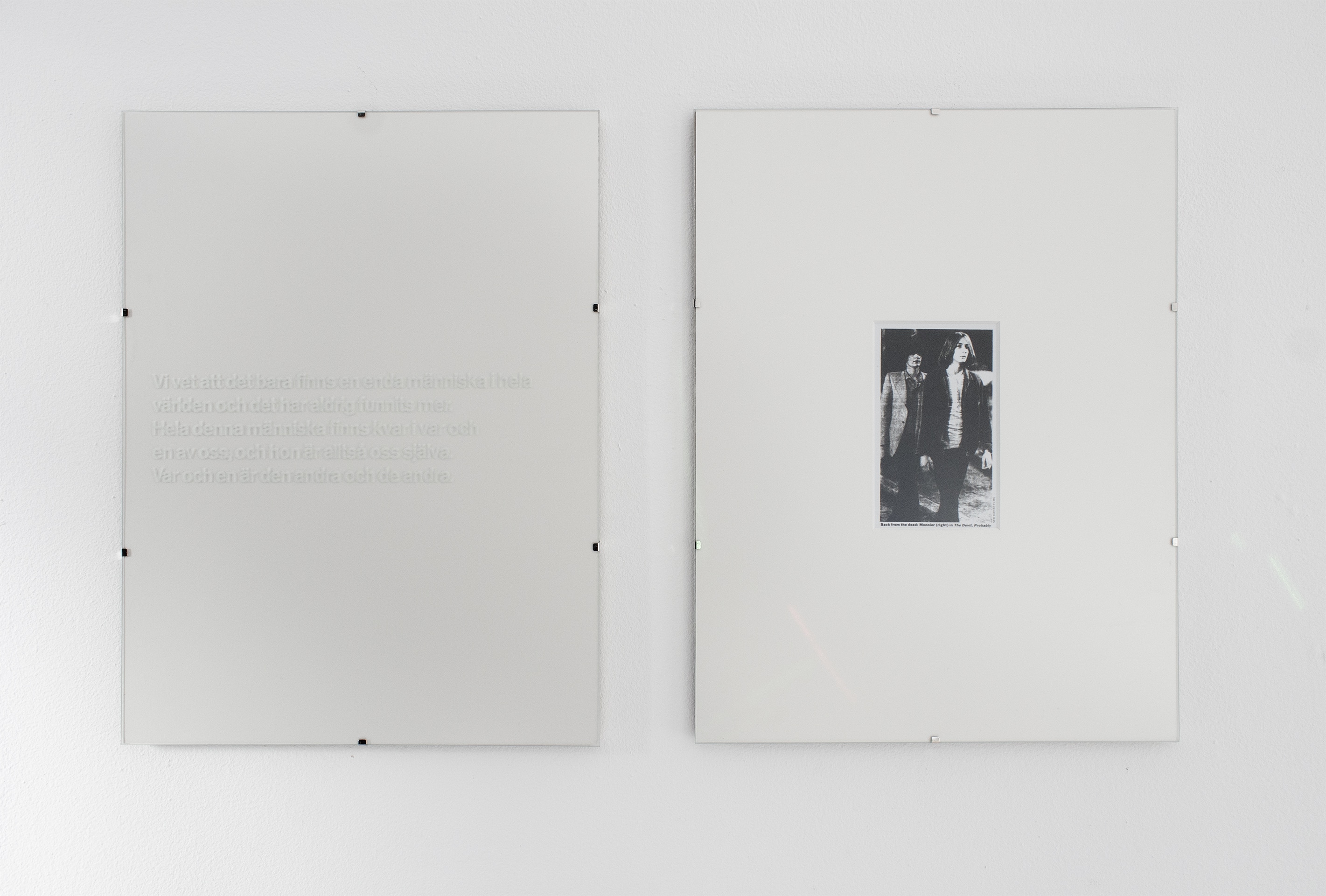 Untitled (Jean Genet), 2021, Glas engraving, 30 x 40 cm + Untitled (Robert Bresson), Inkjet-print, 30 x 40 cm